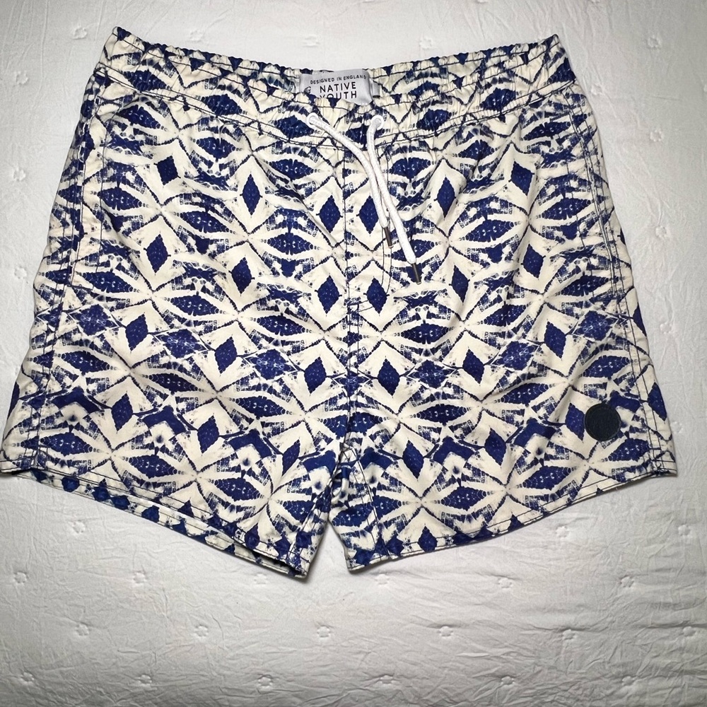 NATIVE YOUTH Blue and White Swim Trunks